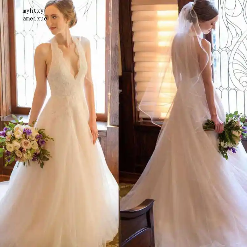 Vestido Largo Sencillo De Boda De Princesa Linea A De Cola De Tul Halter Marfil Largo Con Encaje 2020 Vestido De Novia Importado China Aliexpress