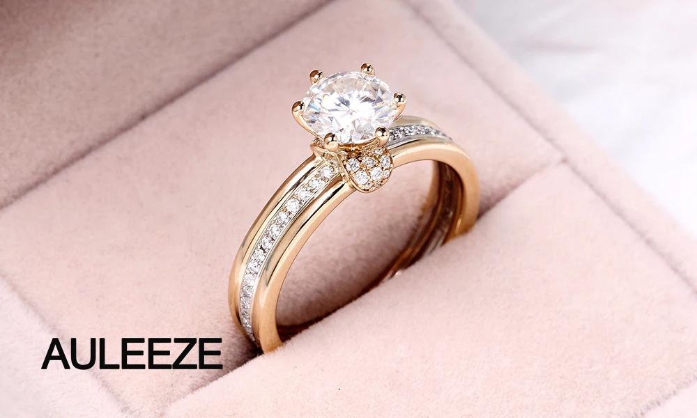 AULEEZE 1.5CT Moissanites Обручение кольцо Твердые 14 K цвет: желтый, белый золотые кольца для женщин искусственный бриллиант обручальное кольцо