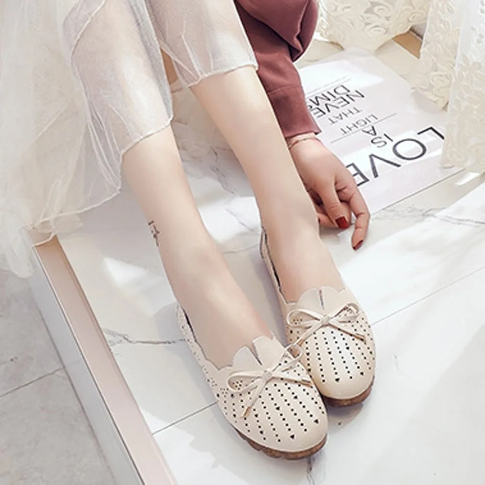 

2019 Women Ballet Cut Out Leather Shoes Woman Hollow Bow Soft Bottom Flat Flexible Round Toe Nurse Casual Fashion Loafers #40