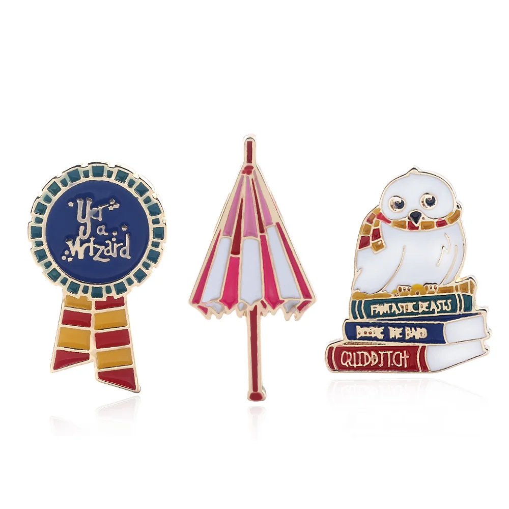 

Movie Hogwarts Brooches Letter Pigeon Umbrella Pins Deathly Hallows Badge Enamel Brooches Dress Shirt pins children jewelry