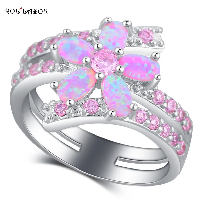 

ROLILASON Luxury Sparkling Flower Style Pink Fire Opal 925 Silver Zircon Fashion Jewelry Ring USA Sz #5#6#7#8#9#10 OR880
