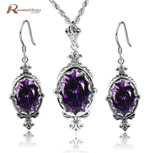 Амулеты овальной огранки винтажные Свадебные фиолетовые Роскошные камни CZ 925 стерлингового серебра ювелирные наборы кристалл кулон Комплект сережек для женщин