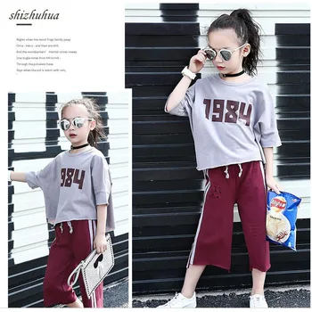 

Girls Clothes Short-sleeved T-shirt Pants Cotton Two-piece Letter Printing Hair Edge Do Old 3-14 Age Children's Quality Clothing