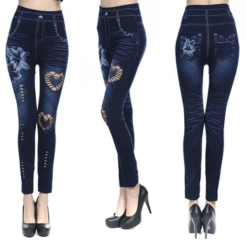 

Women Leggings Autumn Jeans Leggings Slim Mock Pocket Woman Butterfly Print Leggings Ladies Hollow Heart Denim Skinny Trousers
