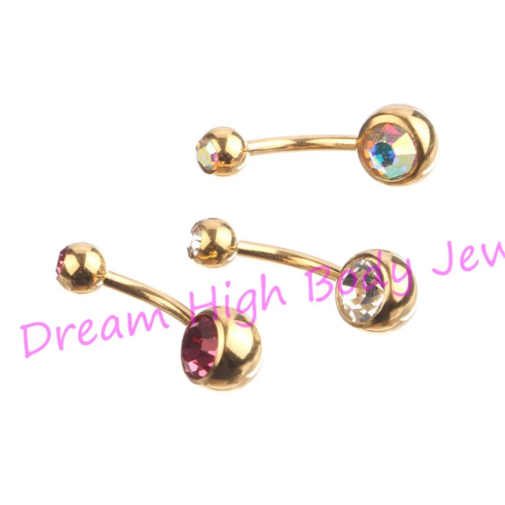 

Gold Color Belly Rings bar Anodized Double Gem Belly Button Navel Body Piercing Jewelry Clear AB Pink 14G 316L Stainless Steel