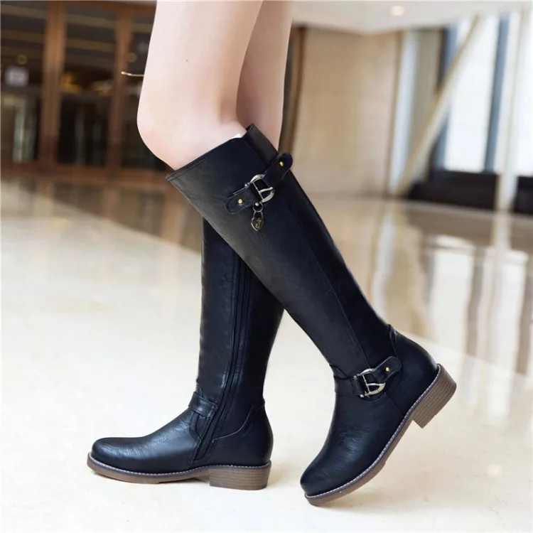 

Big Size 11 12 13 Fashion of women's boots with round head and leg middle barrel low heel and side zipper belt buckle