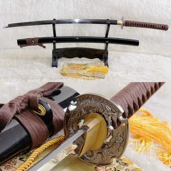 

LYUESWORD JAPANESE SAMURAI SWORD CLAY TEMPERED KATANA FOLDED STEEL FULL TANG BATTLE READY BLADE PRACTICAL CUT TREE DRAGON TSUBA