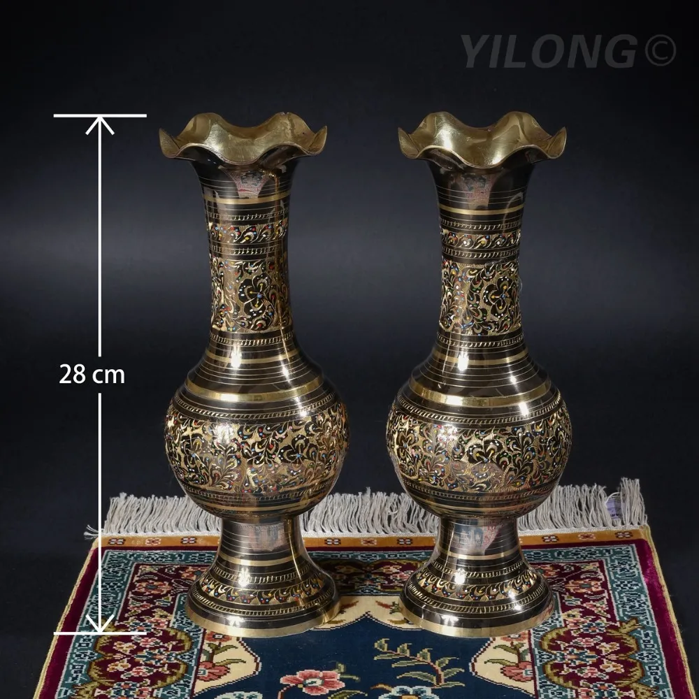 11 inches 28cm Height Pair 2pcs Bronze Hand Painted Pakistan Vase