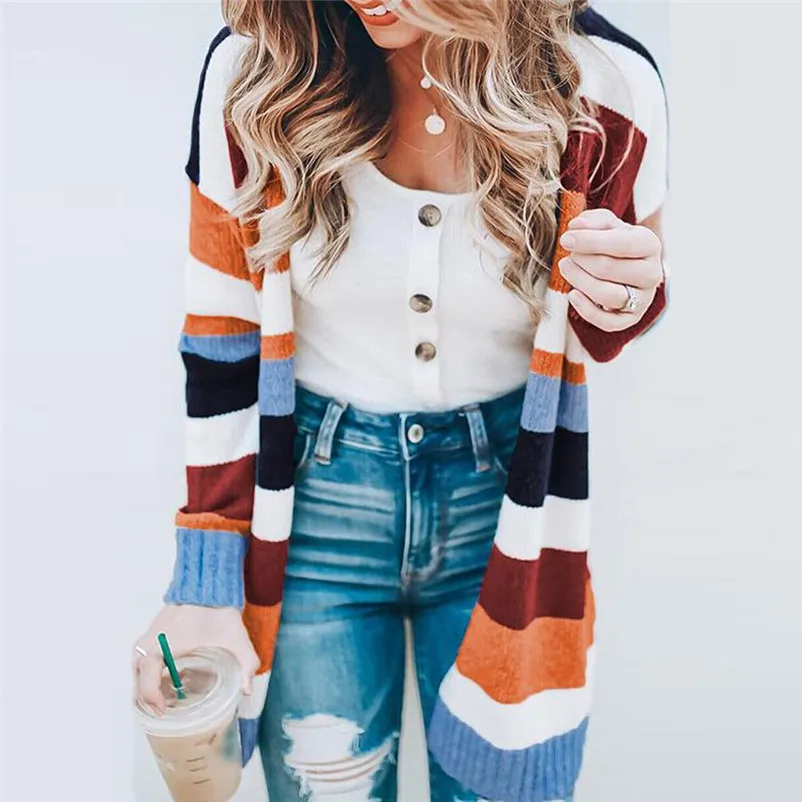 Fashion coats and jackets women winter ladies coats Winter Blouse Patchwork Rainbow Stripes Long Sleeve Cardigan Coat O24#N (5)