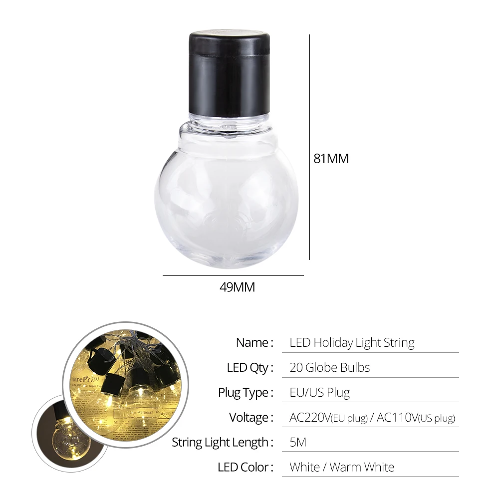 5 M cadena G40 bombilla LED vacaciones iluminación RGB 20 LED Luces al aire libre Luces De Navidad Festoon Party bolas luz de la secuencia
