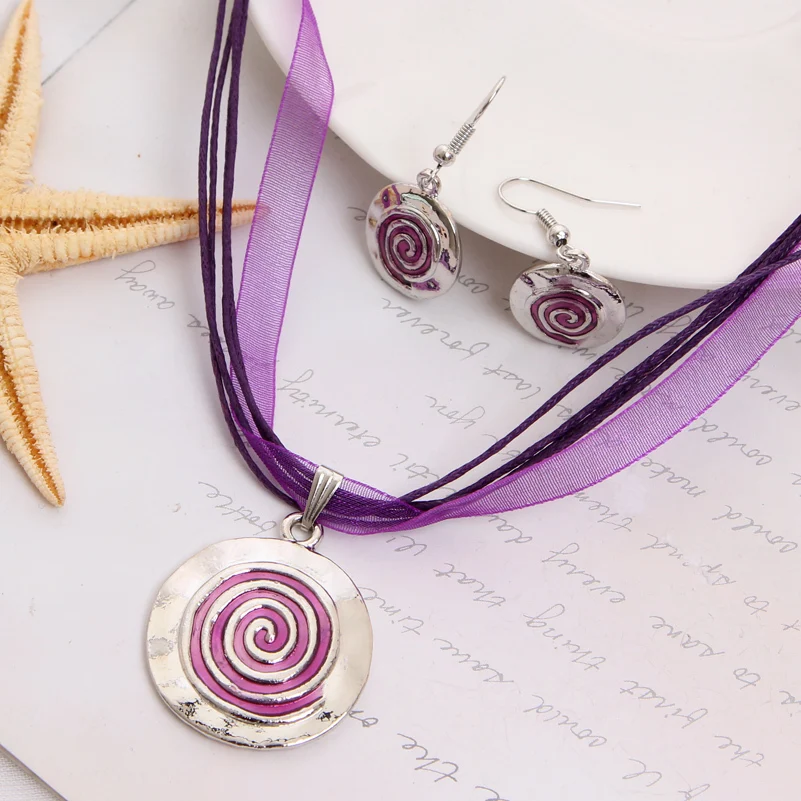 

ZOSHI Colorful Multi Layers Necklace Earring Set For Women Oil Drip Silver Pendant Jewelry Set Statement Leather Accessory