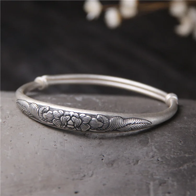 

S999 Sterling Silver Carved Peony Bracelet Retro Folk Style Adjustable Bracelet for Women