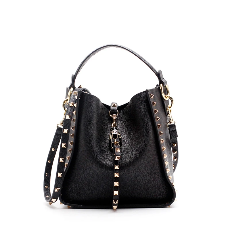 

SMORESHINE Brand genuing leather women shoulder bags Female gold Rivet design crossbody bag women's vintage metal bucket handbag
