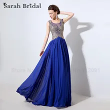 Echt Bild Gold Stickerei A-linie Abendkleider 2016 Royal Blue Chiffon Prom Kleider Illusion Ärmel vestidos de noche