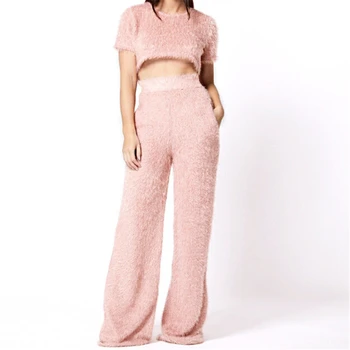 

Sexy Women Clothes Set Fashion Ladies Fluffy Fur Short Sleeve Crop Tops Wide Leg Pants Tassels Women Clothing Set Ladies Suits
