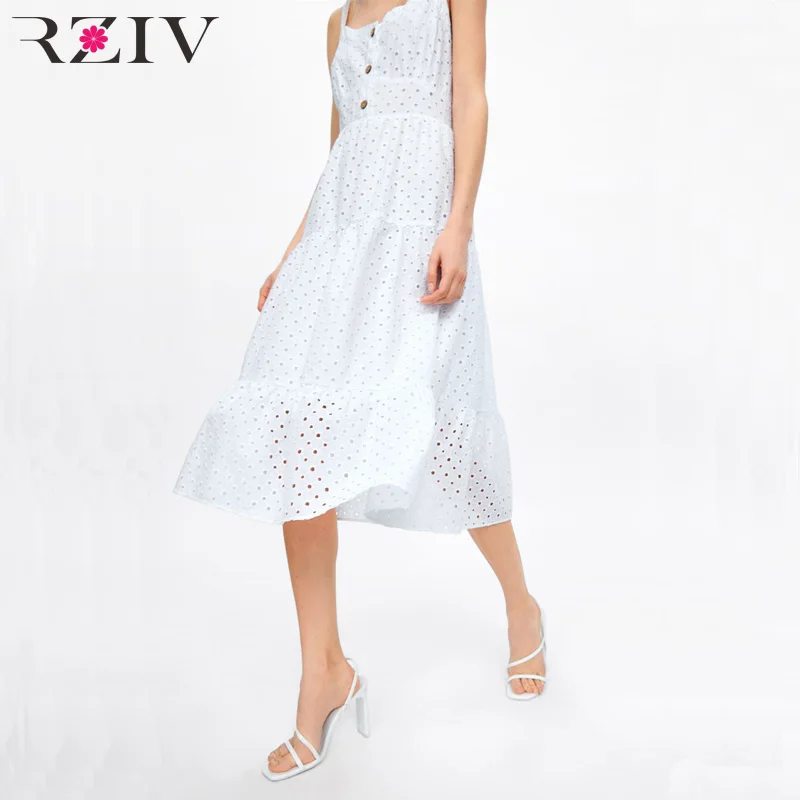 

RZIV Women casual summer dress hollow solid color embroidery strap dress Vestidos