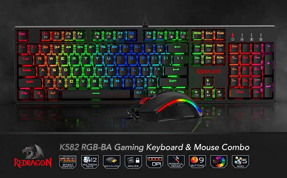 Redragon K582-BA комбинированная Проводная Механическая игровая клавиатура и игровая мышь M711 Cobra 10000 dpi 7 программируемых кнопок RGB светодиодный для CS