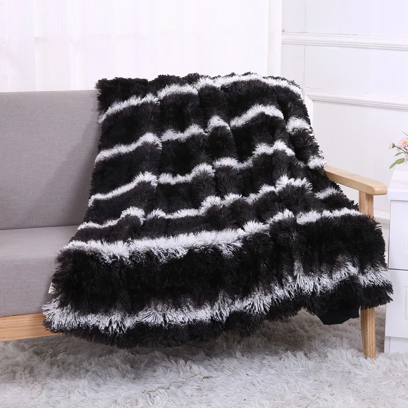 

DropShip Fluffy Plush Striped Fleece Blankets for Beds Warm Cozy Air Conditioning Throw Blanket Manta Pink Plaids Sofa Bed Cover