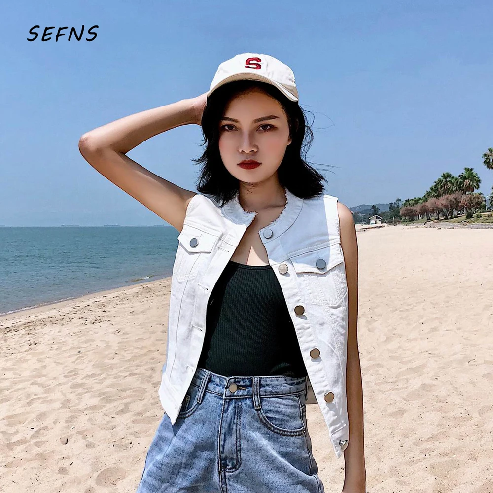 

SEFNS Autumn Spring Fashion Top Casual Women white Jeans Vest Denim Female Coat Sleeveless Jeans Jacket Women's Vest