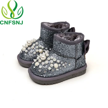 

CNFSNJ Winter Children Fashion Pearl Rhinestone Baby Cloth cover Plush Snow Boot Kids Girls boys Brand Black Flat 21-37