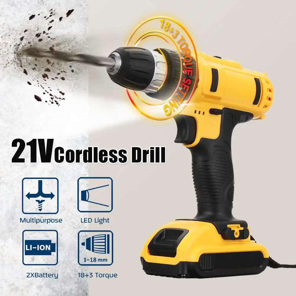 

21V handheld electric drill lithium cordless Electric Screwdriver Lithium-Ion Battery 18+3 Rechargeable Power Tools