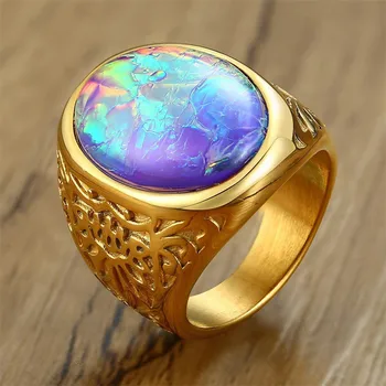 

ZORCVENS Stylish Mens Opal Ring Bright Colorful Solitaire Oval Stone Male Jewelry Stainless Steel Anel Alliance Accessory