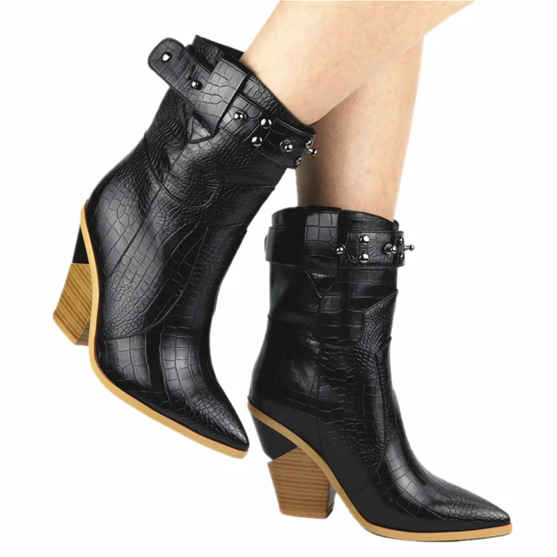 

Size 34-46 Fashion embossed microfiber leather women ankle boots pointed toe western cowboy boots women platform wedges boots