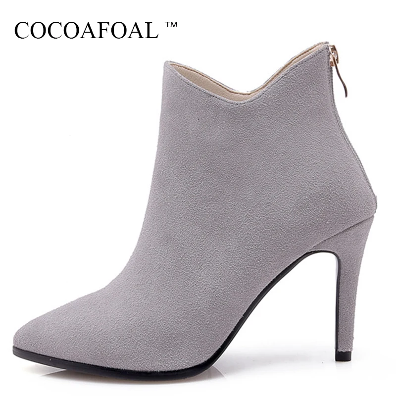 

COCOAFOAL Genuine Leather Martin Boots Plus Size Fashion Black Gray High Heeled Shoes Woman Autumn Winter Zipper Chelsea Boots