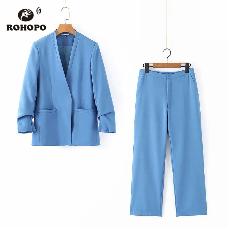 ROHOPO V Collar Draped Cuff Sleeve Women Blazer Sky Blue Office Girl Chic Solid Autumn Outwear EU size Woman Slim Blazer #BM2213
