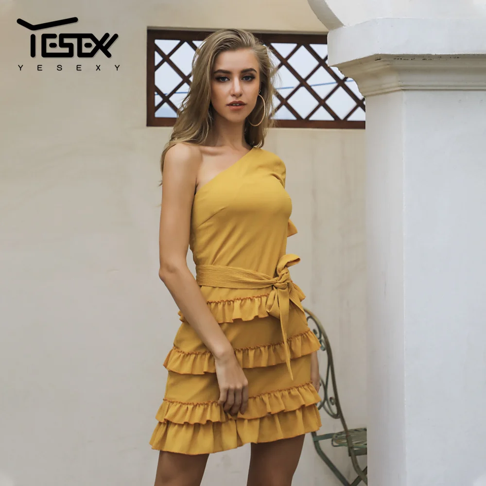 Yesexy 2019 летние однотонные каскадные оборки на одно плечо мини женские платья Boho