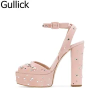 Women Elegant Pink Suede Crystal Decoration Chunky Heels Sandals Summer Peep Toe Ankle Buckle Strap High Heel Wedding Shoes elegant women s pumps with chunky heel and ankle strap design