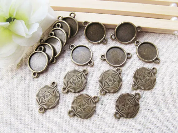 

200pcs Antique Silver/Antique bronze Base Setting Tray Bezel Connector Charm/Finding,fit 12mm Round Cabochon/Cameo,Two Loops