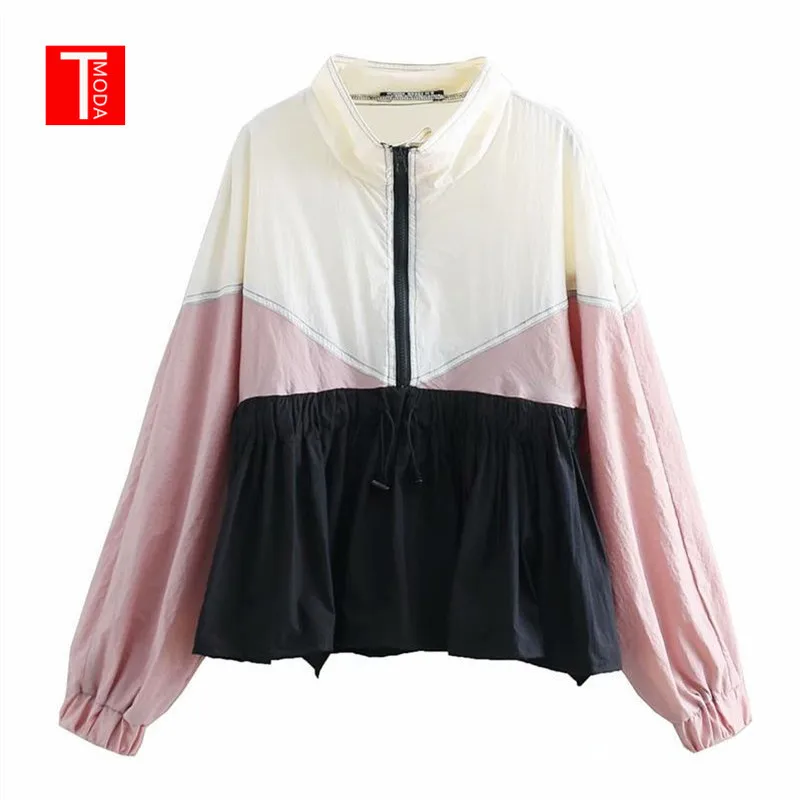 

2019 New Women Fashion Spliced Sunscreen Loose Jacket Zipper Casual Flight Bomber Jacket Elastic Waist Hem Ruffle Outwear Coat