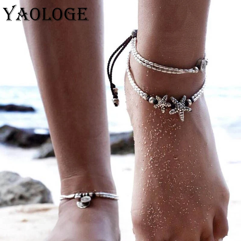YAOLOGE Hot Sale Retro Ethnic Double layer Metal Beads Foot Decoration Fashion Starfish Beach Anklet Bohemian Style For Women | Украшения и