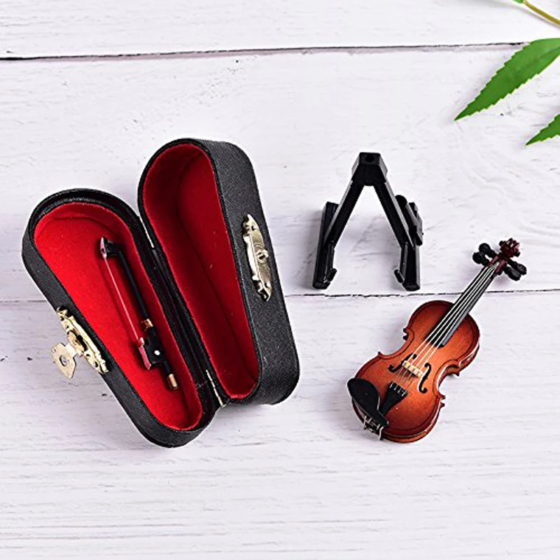 

Home Decoration Mini Violin Dollhouse Miniature Musical Instrument Wooden Model Decor with Bow, Stand Support and Case