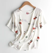 2 цвета, женская футболка из шелка с принтом розы, с коротким рукавом и круглым вырезом, женская футболка на весну и лето