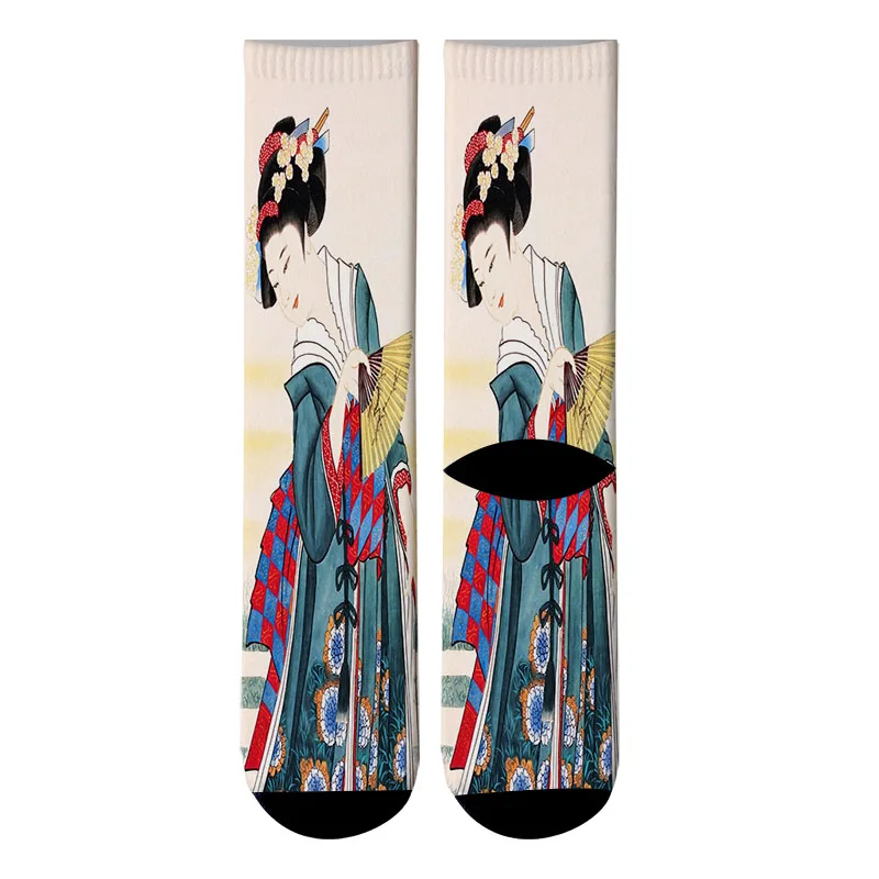 Новые японские носки с 3D принтом Ukiyoe, мужские длинные носки с масляной краской, мужские носки без пятки с рисунком Харадзюку