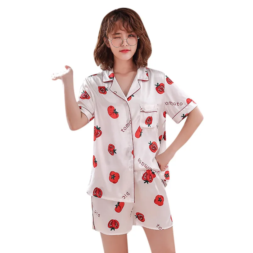 Для женщин моделирование шелк печати пижамы с принтом пижамы ночное комплект летние шифоновое платье 40mi01