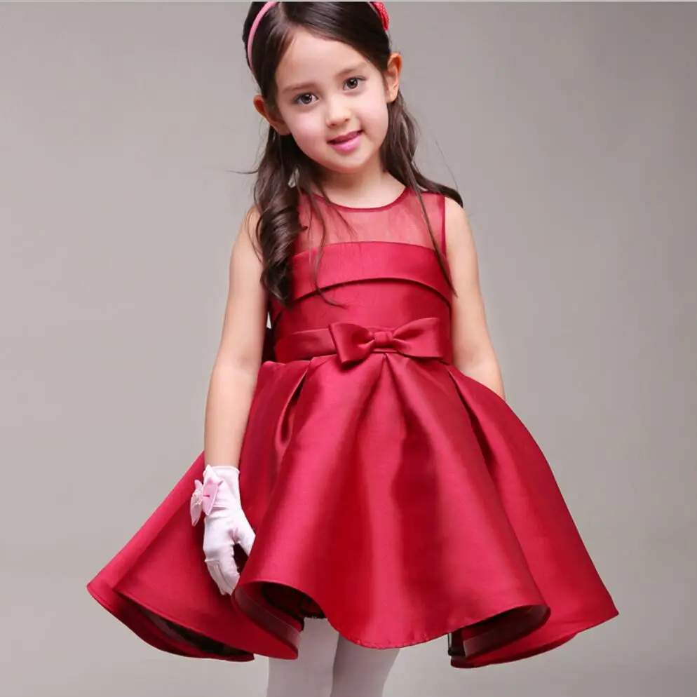 

2016 New Flower Girl Dresses with Bow Satin Party Pageant Communion Dress for Wedding Little Girls Kids/Children Princess Dress