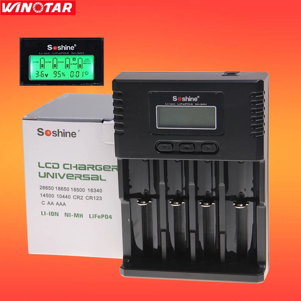 

Soshine H4 Li-ion NiCd NiMh LCD Digital Intelligent 4-Slot Battery Charger with EU / US Adapter Car Cable 100- 240V