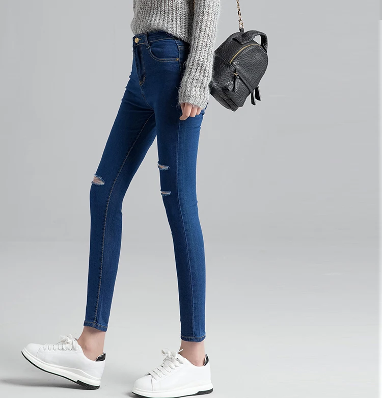 Женские джинсы с дырками на колене, узкие женские джинсы для девочек, Стрейчевые узкие джинсы с высокой талией, женские штаны, женские брюки, WICCON