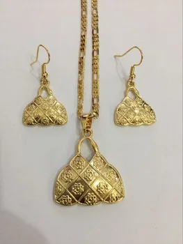 

Gold bilum house Pendant Necklace figaro chain bag purse earrings pendant for Women png Traditional Cultural Jewelry sets Gift