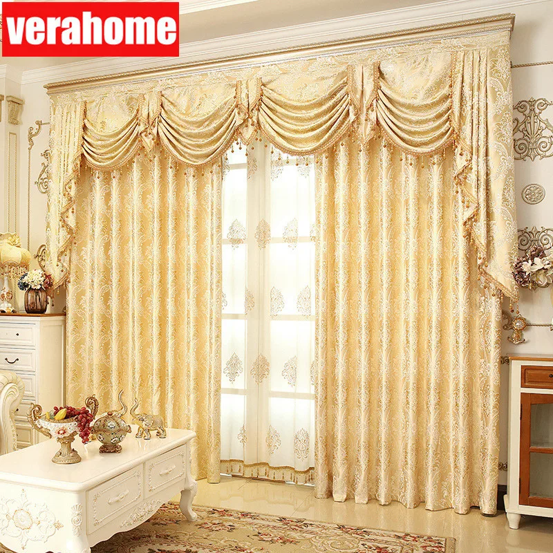 

1PC European Luxury Blackout Gold windows treatment curtains for living room bedroom flower tulle valance