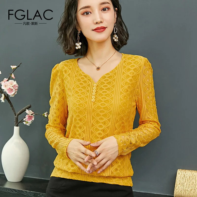 

FGLAC Women long sleeve Lace dress Fashion Casual hollow out V-Neck women blouse Plus size loose lace tops blusas