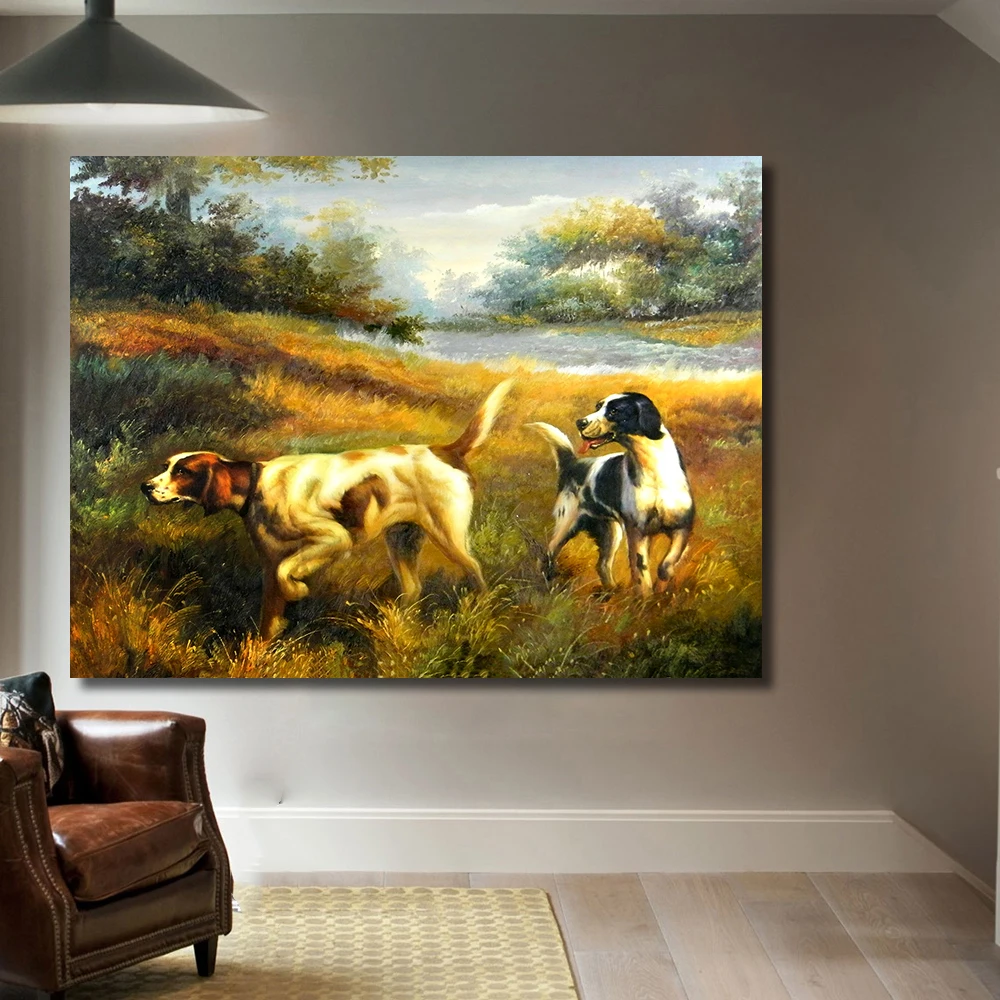 

QKART Frameless Wall Art Dogs Hunting Farm Oil Painting On Canvas Picture Wall Paintings for Living Room Home Decor