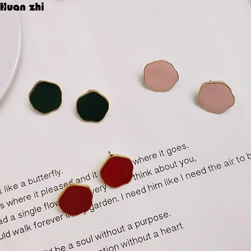 

HUANZHI Korean Colorful Geometric Irregular Round Oil Drop Glaze Circle Flower Shape Stud Earrings for Women Girl Gift