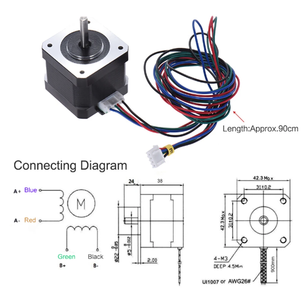 5 шт. Anet 3D-принтеры Запчасти мотор Nema 17(Национальная ассоциация владельцев электротехнических предприятий) шаговый двигатель Управление 2 фазы 42mm шаговый двигатель с 90 см жильный кабель
