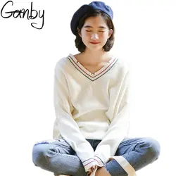 Корея Новая осень белый вязаный свитер Для женщин мода полосой v-образным вырезом с длинным рукавом Пуловеры Джемперы Женские милые