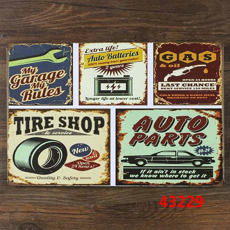 Garage TIRE SHOP GAS BATTERIES PARTS Metal Poster Wall Decor Bar Home