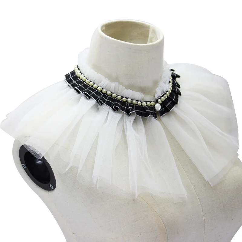 

Jaderic 2018 New White Grenadine Shawl False Collar Decorative Plaid Braid Sewed Imitated Pearl Detachable Fold High Collar